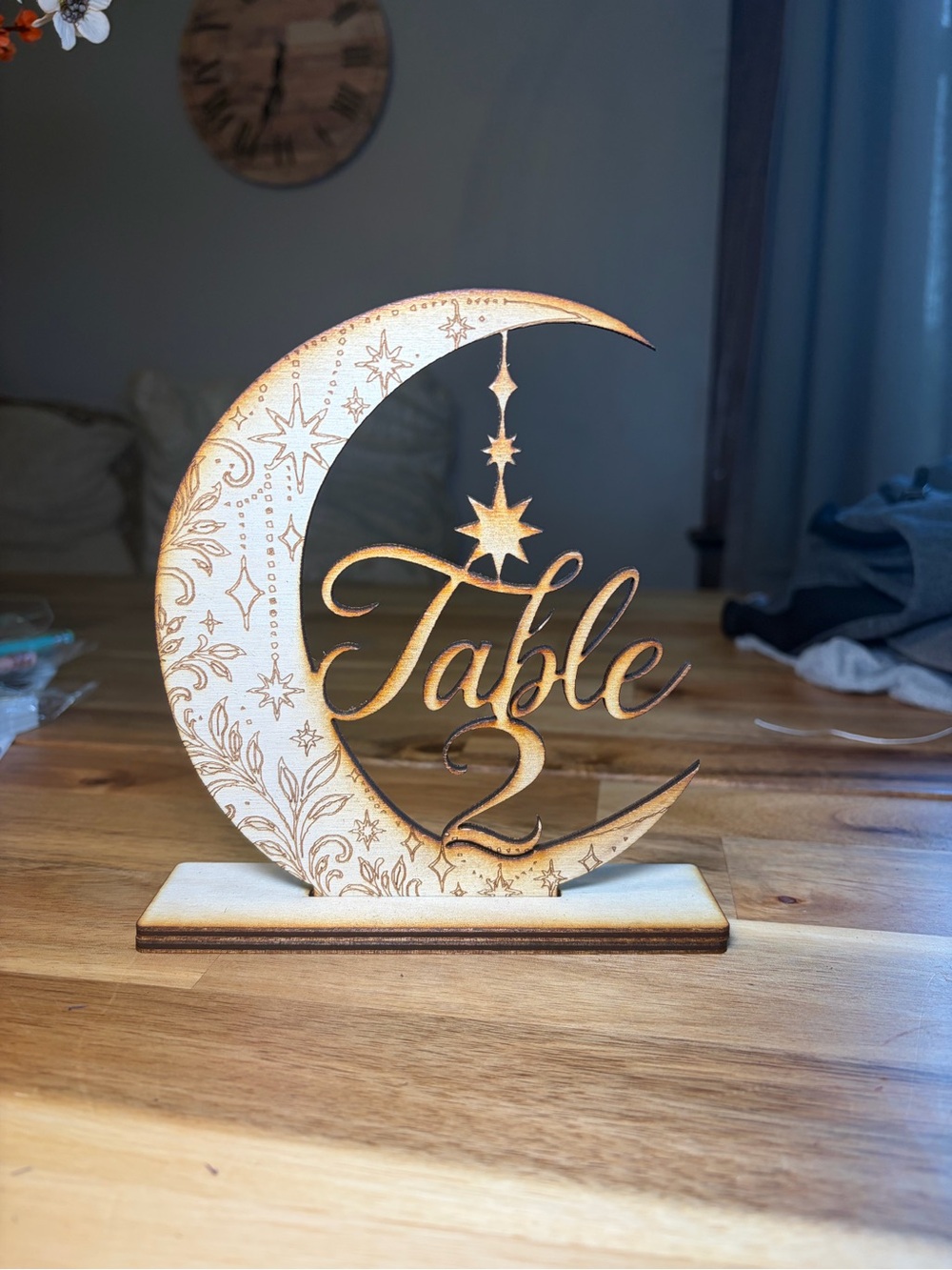Wooden Crescent Moon Table Number - natural book Table 2